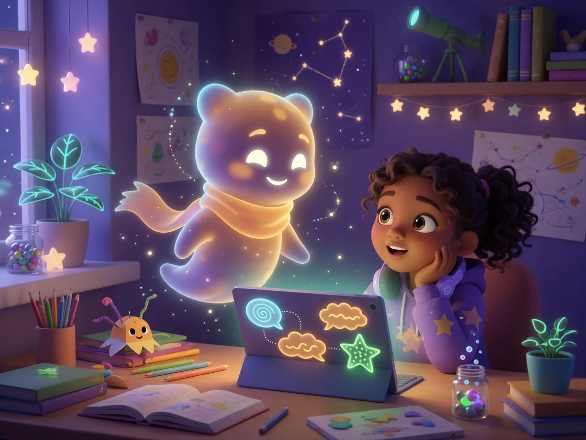 A child at their desk at night, wide-eyed, chatting with their glowing AI companion
