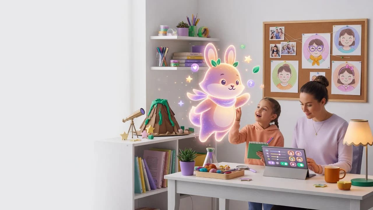 A parent and child meeting their glowing AI companion together at a desk